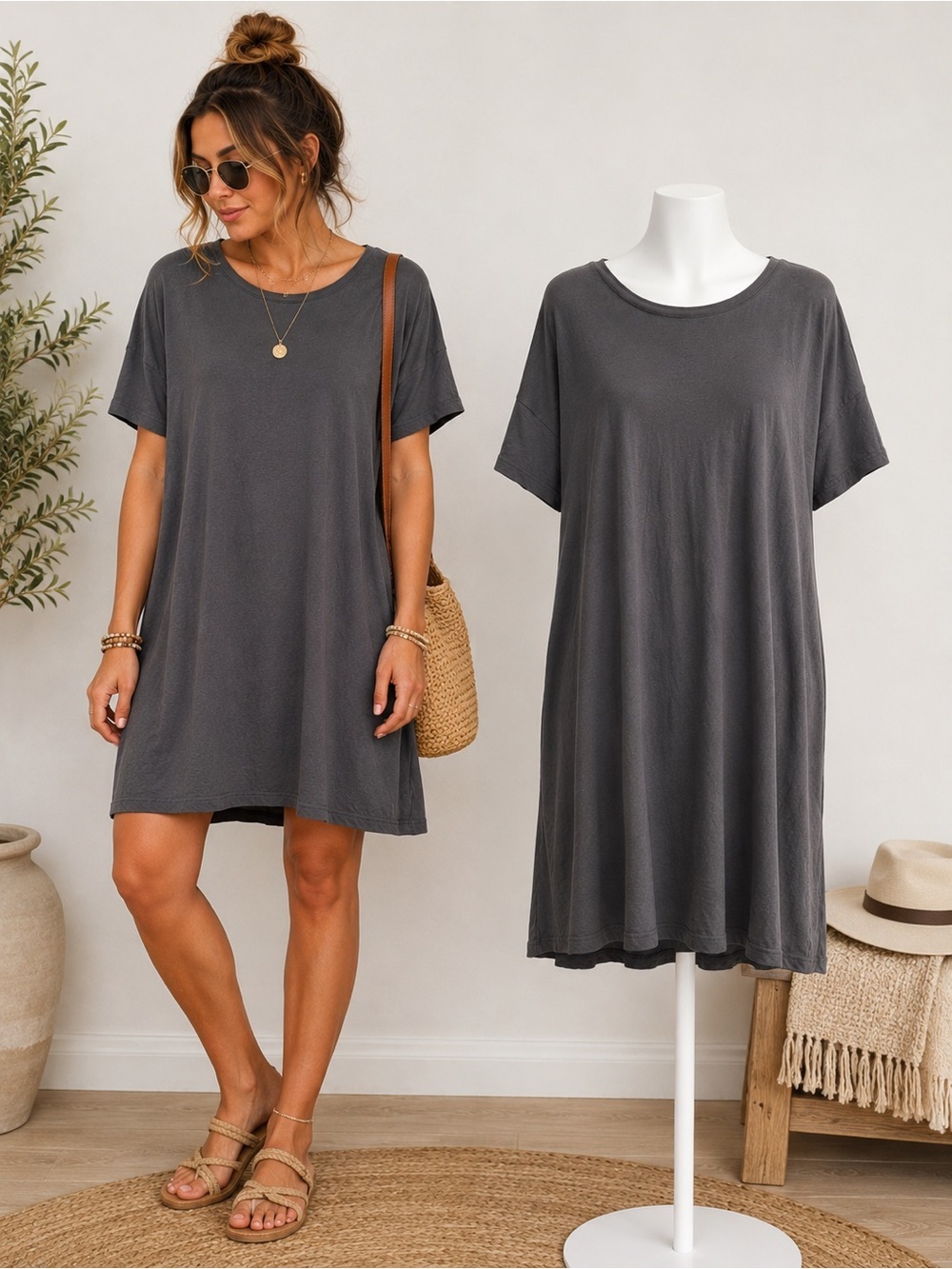 Recliner | Gray Oversized T-Shirt Dress | XL | Soft Minimalist Casual Lounge